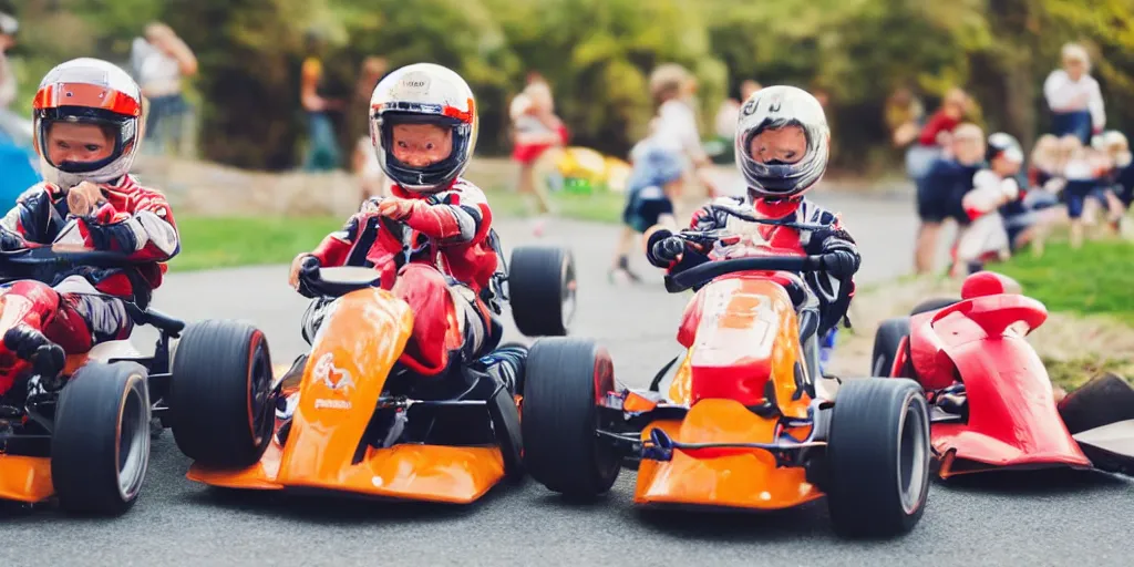 Image similar to photos of toddlers dressed as formula one drivers at a go - kart race, in the style of national geographic, soft focus, golden hour