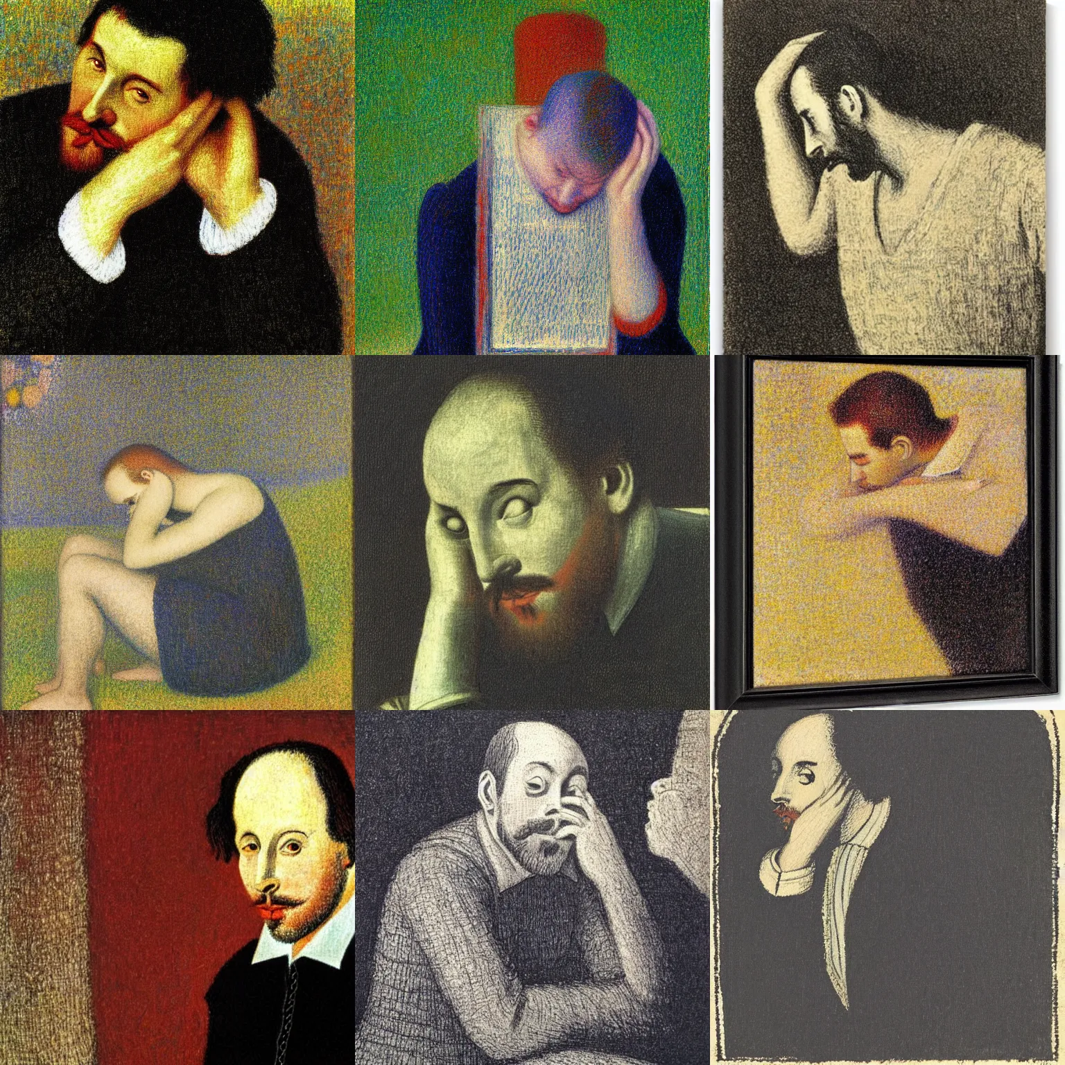 Prompt: william shakespeare crying because he's not good enough, by georges seurat