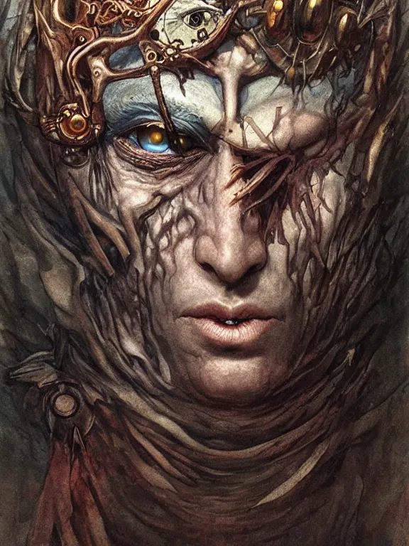 Image similar to one-eyed fantasy cyclops concept art with one huge eye in the center and with smooth skin in place of the nose. Without the nose. Extremely high detail, details, realistic, fantasy art, solo, masterpiece, portrait, saturated colors, art by Arthur Rackham, Dariusz Zawadzki, Muzinabu