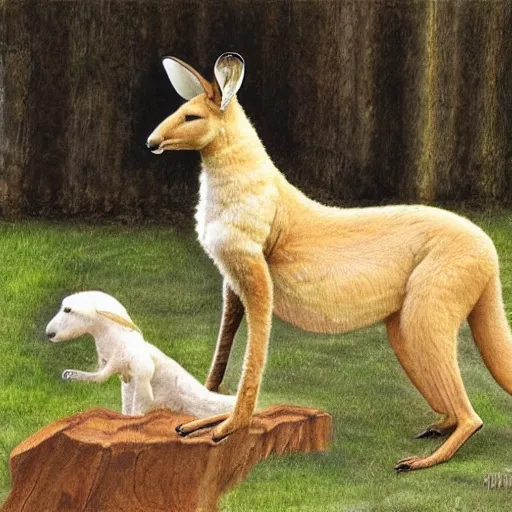 Image similar to a Muscular kangaroo and a very cute white rural retriever photograph, garden, highly detailed, high quality, award winning