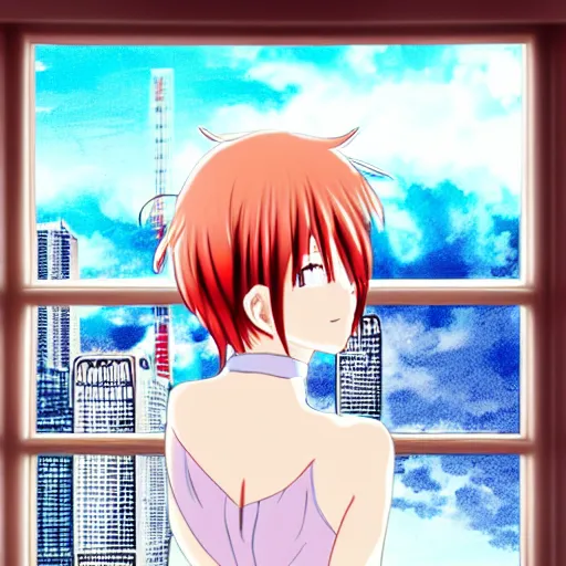 Prompt: an attractive anime woman with multicolored hair looking out of a window of a tall building