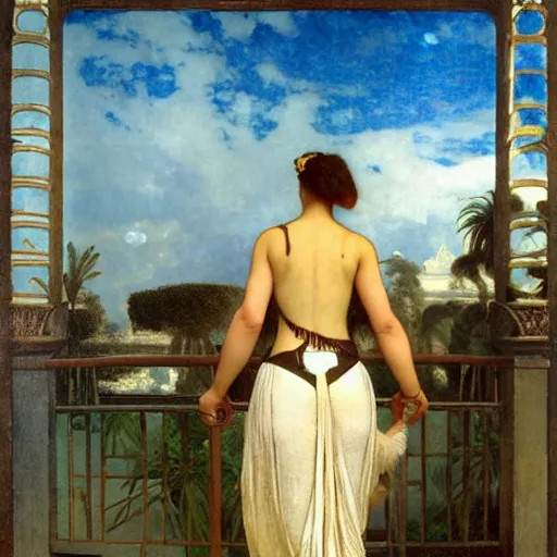 Image similar to Girl riding a horse leaving the palace through the bridge, thunderstorm, pool, beach and palm trees on the background major arcana sky, by paul delaroche, alphonse mucha and arnold böcklin arnold böcklin hyperrealistic 8k, very detailed