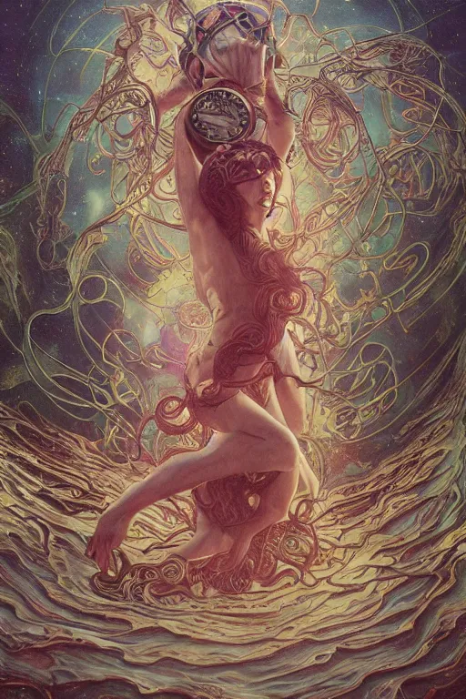 Image similar to swimming through time, inter dimensional clockwork, kowloon tentacles, by artgerm and yoshitaka amano and moebius and hr giger and zdislaw beksinski and alphonse mucha, hyperdetailed, glamour, surreal, dc comics, ornate, stunning, nebula, explosions in the sky, trending on artstation