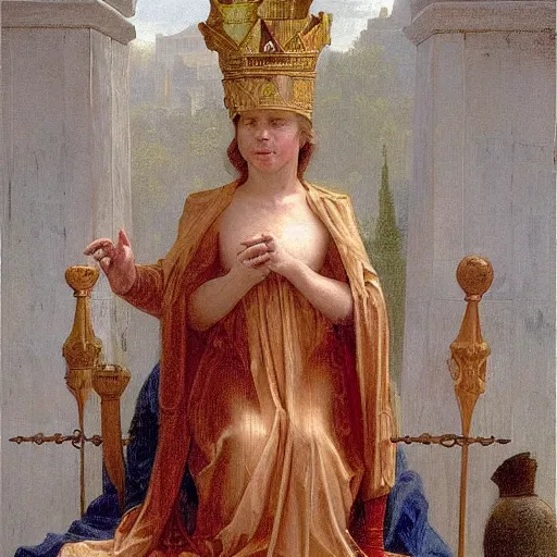 Prompt: Donald Trump as medieval king, sit on throne, bouguereau