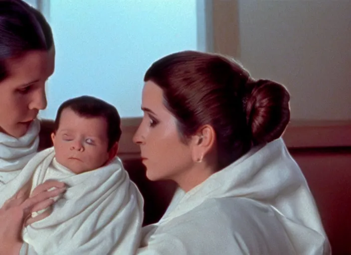 Prompt: screenshot of Princess Leia Organa holding a one newborn baby in a swaddle with Han Solo standing next to her, iconic scene from 1970s film directed by Stanley Kubrick, in a sci fi nursing home architecture, 4k HD sharp, cinematic lighting still frame, photoreal, detailed face, moody lighting, stunning cinematography, anamorphic lenses, kodak color film stock