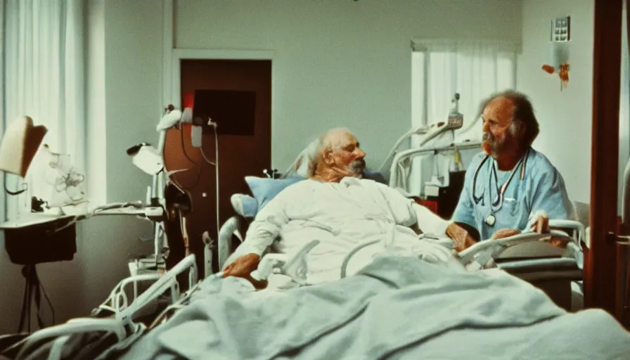 Prompt: 7 0 s movie still of a old root man in the hospital, cinestill 8 0 0 t 3 5 mm eastmancolor, heavy grain, high quality, high detail