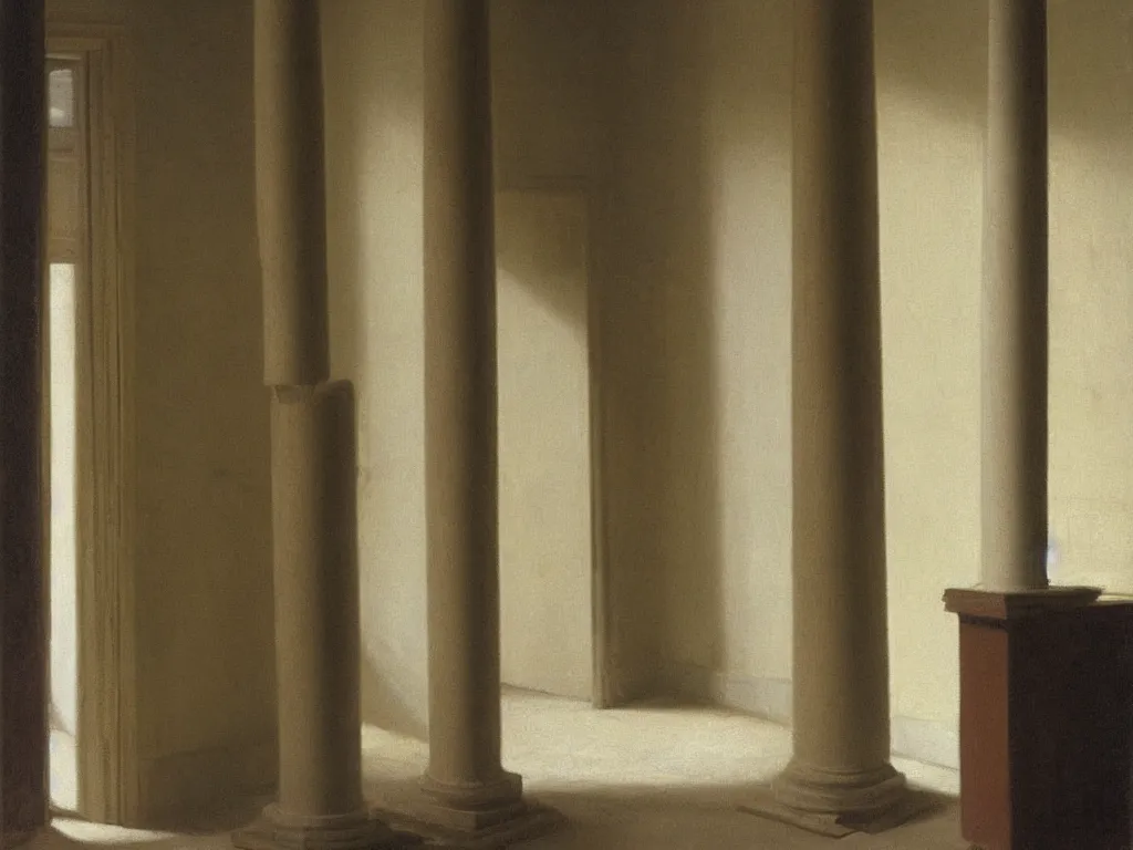 Image similar to Interior of a house under renovation with carved marble column in the middle. Afternoon light. Painting by Vilhelm Hammershoi