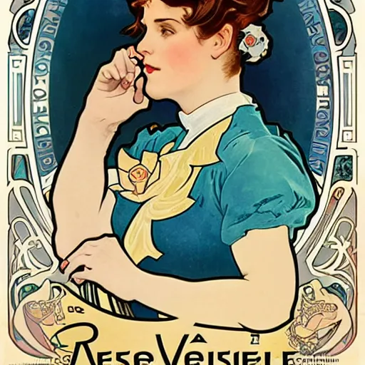 Prompt: a portrait of Rosie the riveter by Alphonse Mucha, intricate details, art nouveau card, 8k