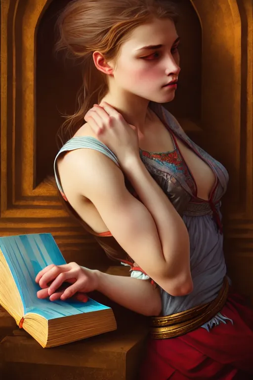 Image similar to photography alexey kurylev, a girl reading a book, gentle, deep focus, d & d, fantasy, complex, elegant, highly detailed, digital painting, artstation, concept art, matte, clear focus, illustration, hearthstone, artgerm art, greg rutkovsky and alphonse mucha