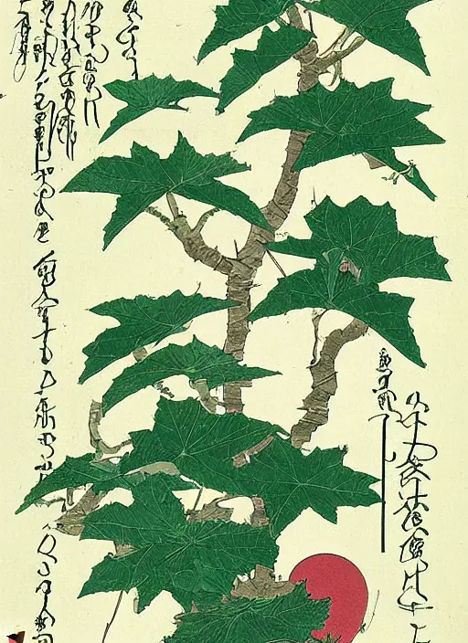 Prompt: fantasy scientific botanical illustration of a green leafy plant that grows on top of waterfalls ,Ukiyo-e