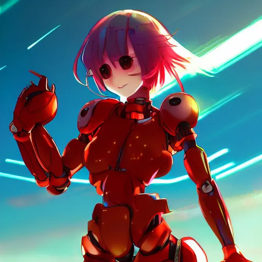 Prompt: digital anime art, very small cute girl standing on a large table, red mech arms and red mech legs, blue watery eyes!!!, short