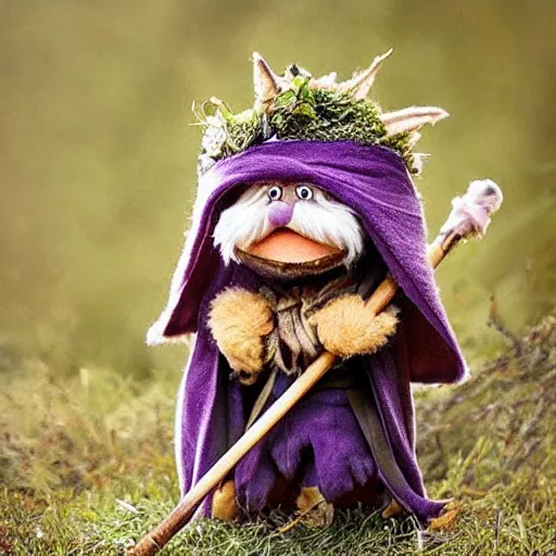 Image similar to foxfolk wizard druid as a fluffy chibi muppet plush wearing a wizard cloak and holding a staff made from a stick with an amethyst gemstone tied at the top, photorealistic, photography, national geographic, sesame street