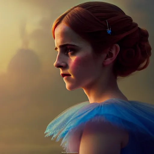 Prompt: emma watson as cinderella by tom bagshaw, azure blue eyes and red braided hair by ilya kuvshinov, rtx reflections, octane render 1 2 8 k, extreme high intricate details by wlop, digital anime art by ross tran, wide shot, close up shot, composition by sana takeda, dramatic lighting by greg rutkowski