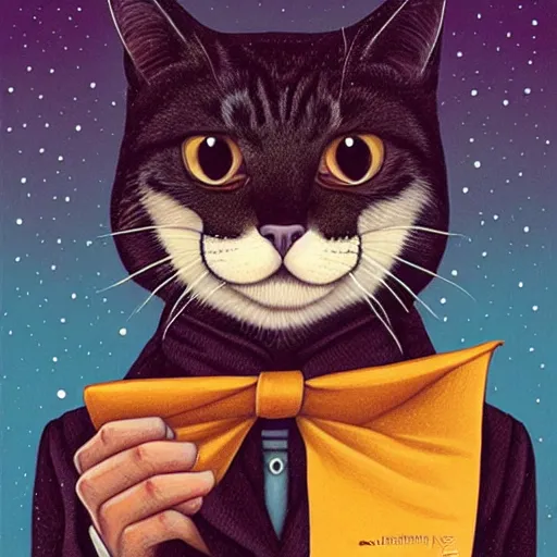 Image similar to portrait illustration of funny cat in the tuxedo by jeremiah ketner, quint buchholz, wlop, dan mumford