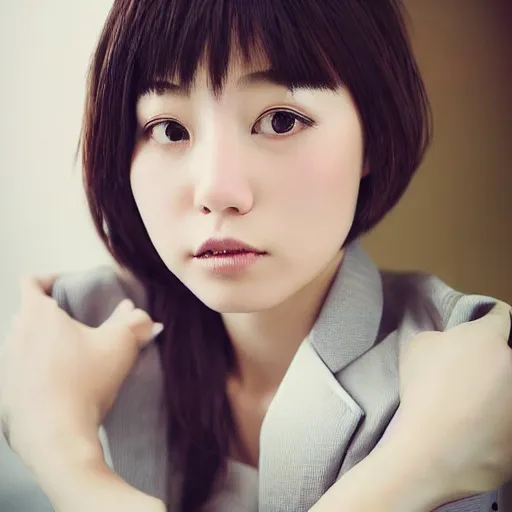 Image similar to a pretty young girl of 2 5, japanese, with big eyes, short shoulder - length hair and a suit ， by sam yang