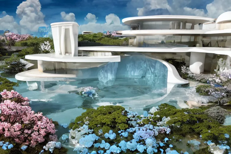 Image similar to futuristic luxurios chic mansion with Singaporean gold lush garden, white and royal blue theme, sakura season, advanced, top tier architecture house, at Salar De Uyuni, Hexagonal formations on the surface of salt crystallization, sandwiched between sedimentary deposits, bubbling geysers, marvellous reflection of the sky, digital painting, concept art, smooth, sharp focus, from Star Trek 2021, illustration, by WLOP and Ruan Jia and Mandy Jurgens and William-Adolphe Bouguereau, Artgerm