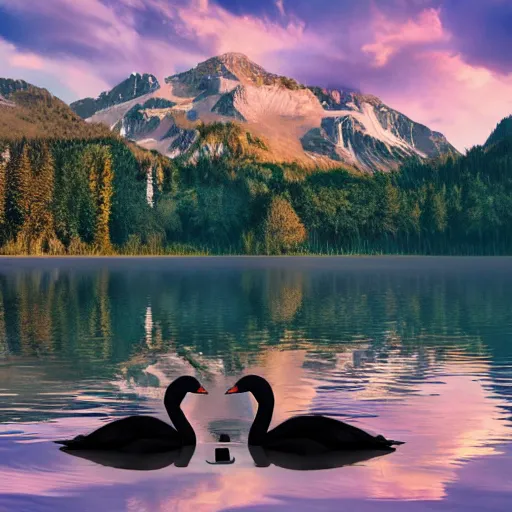 Image similar to photo of two black swans swimming in a beautiful reflective mountain lake, touching heads, forming a heart with their necks, a colorful hot air balloon is flying above the swans, hot air balloon, intricate, portrait, 8k highly professionally detailed, HDR, CGsociety, octane render, 4k