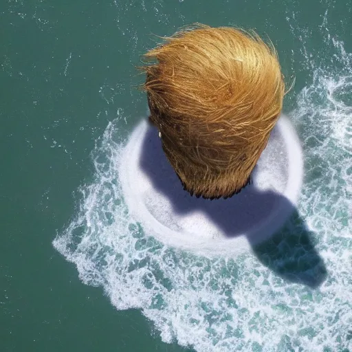 Image similar to cnn news footage of giant donald stump, blond hair being washed up on shore, view from above, tv