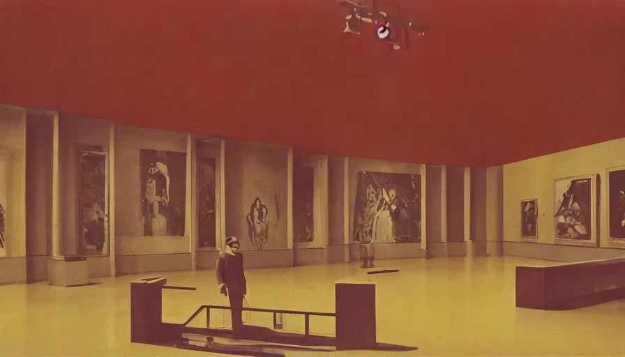 Prompt: 60s movie still of a sovietic stalinist style empty art museum with a soviet congress with yellow wall, by diy redscale, liminal Space style, heavy grain