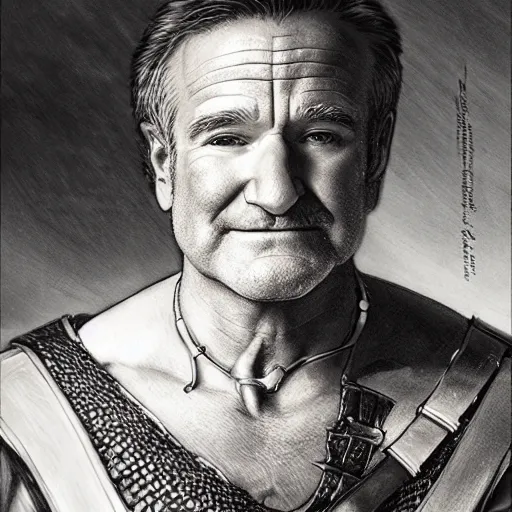 Prompt: an ultradetailed portrait of robin williams dressed as a fantasy rogue, sneaking in shadows of a dark alley, d & d, fantasy, intricate, elegant, highly detailed, digital painting, matte, sharp focus, illustration, plate armor, god rays, art by john collier and albert aublet and krenz cushart and artem demura and alphonse mucha
