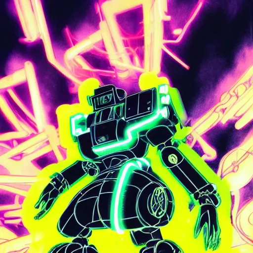 Image similar to the headless fullmetal kerberos robot sirius in electrical wired neon yellow noir outfit, with eyelike neon lights in its torso, colored manga illustration by yoji shinkawa and james jean