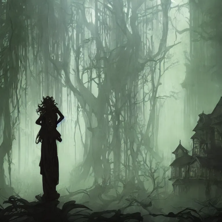 Prompt: a lone figure standing in front of a haunted victorian house in a dense dark forest, concept art, by Peter Mohrbacher and Alphonse Mucha, detailed, style, 8k, trending on artstation, unreal engine 4k, detailed, clean background trending, full shot, symmetrical portrait, sophisticated, Unreal engine, dystopia, anti-utopia, post processing, psychadelic