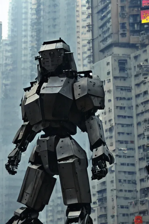 Image similar to portrait cinematography of beautiful young female, clothed in sci-fi military armor, long hair blowing in the wind. Giant mechs in the streets of Hong Kong. by Roger Deakins