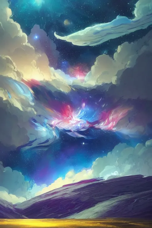 Image similar to A beautiful illustration of a >a colorful galactice galaxy colored Ecru, art by J.M.W. Turner< in the distance landscape surrounded by a lake, hills, blue sky with big clouds by greg rutkowski,TOMOKAZU MATSUYAMA, TOMOKAZU MATSUYAMA and thomas cole, graphic art, anime culture,featured on behance, digital art wallpapers