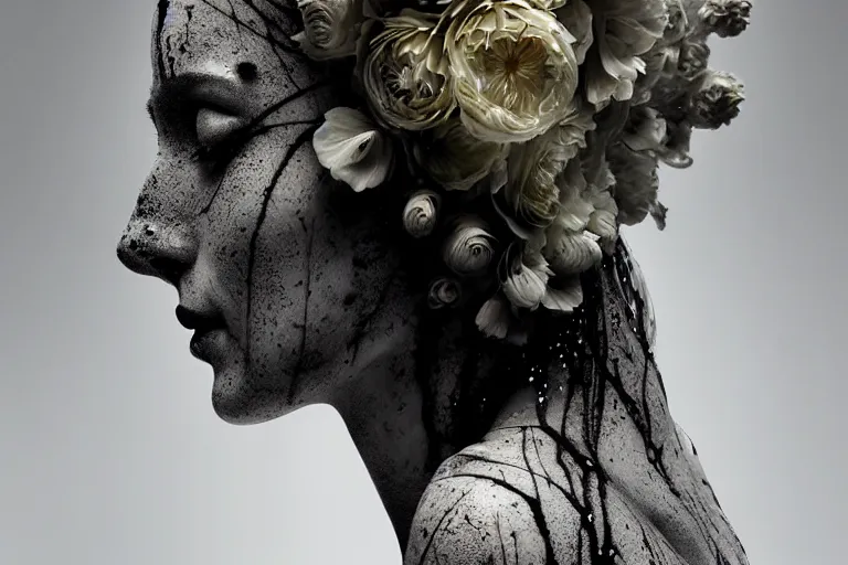 Image similar to the long shot of sculpture of a beautiful woman with flowing tears, fractal flowers on the skin, intricate, a marble sculpture by nicola samori, behance, neo - expressionism, marble sculpture, made of mist, still frame from the prometheus movie by ridley scott with cinematogrophy of christopher doyle, arri alexa, anamorphic bokeh, 8 k