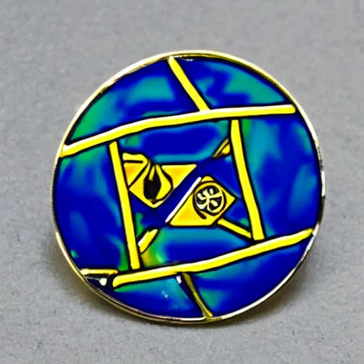 Prompt: a diamond enamel pin depicting a caution hazard, smooth curves