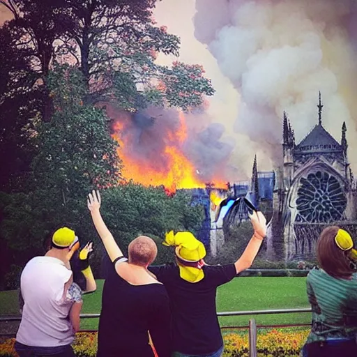 Image similar to “minions laughing as the Notre dame burns behind them”