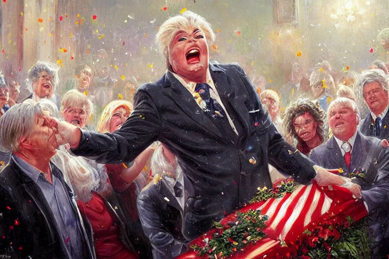 Image similar to portrait of rip taylor throwing confetti during a funeral service, an oil painting by ross tran and thomas kincade