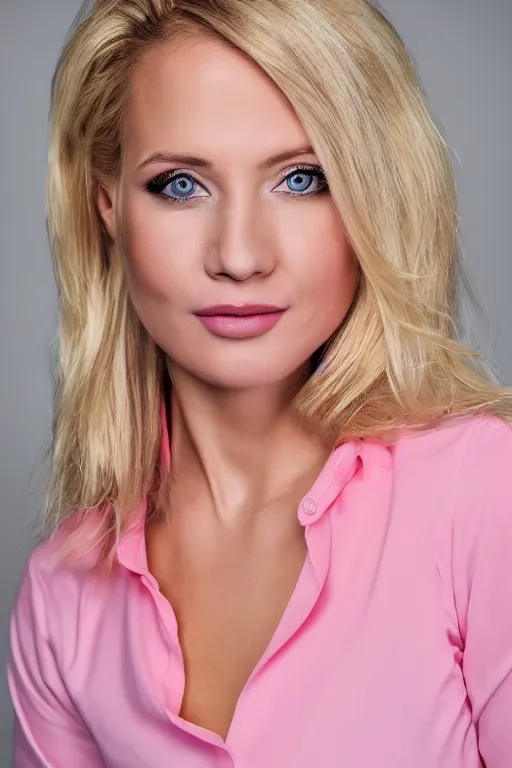 Image similar to 2 8 year old professional blonde female model wearing pink blouse, portrait, neck zoomed in, photo realistic, slr, studio lighting, golden hour, 4 k, high definition