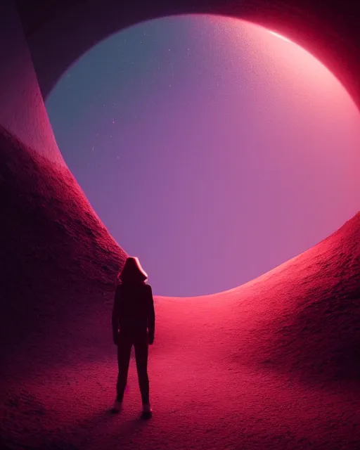 Image similar to a person standing in front of a glowy open door that's on a barren moon, poster art by mike winkelmann, trending on cg society, space art, sci - fi, ue 5, futuristic, volumetric lighting, light casting onto the ground, neat composition and camera angle