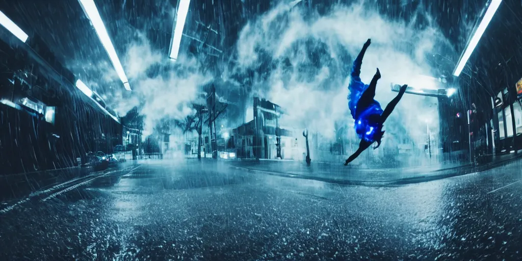 Image similar to fisheye lens slow motion with trail effect of futuristic break dancer wearing floating long dress with neon lights, long exposure shot , at night in the middle of a rainy street, paddle of water, steam, fog, water splashes, rim lights, glossy reflections, water droplets on lens, octane render, dark and dramatic, explosions in the background, detailed and soft, fisheye lens, smooth, sharp focus, illustration, art by artgerm and greg rutkowski and Makoto shinkai