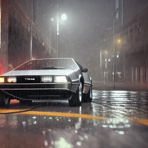 Image similar to hyperdetailed, photorealistic photograph of a dmc 1 2 delorean driving in the streets, rain, night, dense fog, hd, unreal engine 5