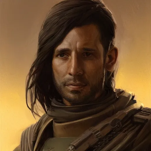 Image similar to portrait of a man by greg rutkowski, a jedi commander, arabian features and olive skin, long black hair, wise appearance, wearing the tactical gear of the galactic alliance, star wars expanded universe, he is about 4 0 years old, highly detailed portrait, digital painting, artstation, concept art, smooth, sharp foccus ilustration, artstation hq