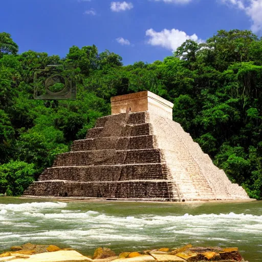 Image similar to maya pyramid next to a river near a camp