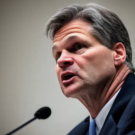 Image similar to fbi director Christopher wray getting scolded by a judge, photo 85mm, f/1.3