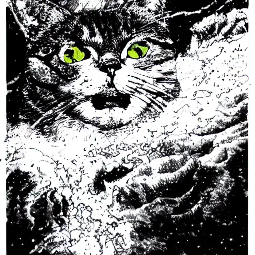 Image similar to tabby cat in a widescreen snowstorm katsuhiro otomo highly detailed black & white 1 0 2 4 x 1 0 2 4