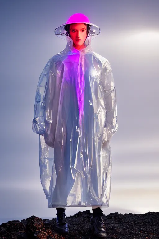 Image similar to an ultra high definition professional high fashion portrait studio full length photograph of a model wearing a transparent pearlescent raincoat and neon visor in an icelandic black rock environment at dawn. no artefacts. extremely detailed. stark. refraction. shallow depth of field. volumetric light and shadow. ray tracing. light rays.