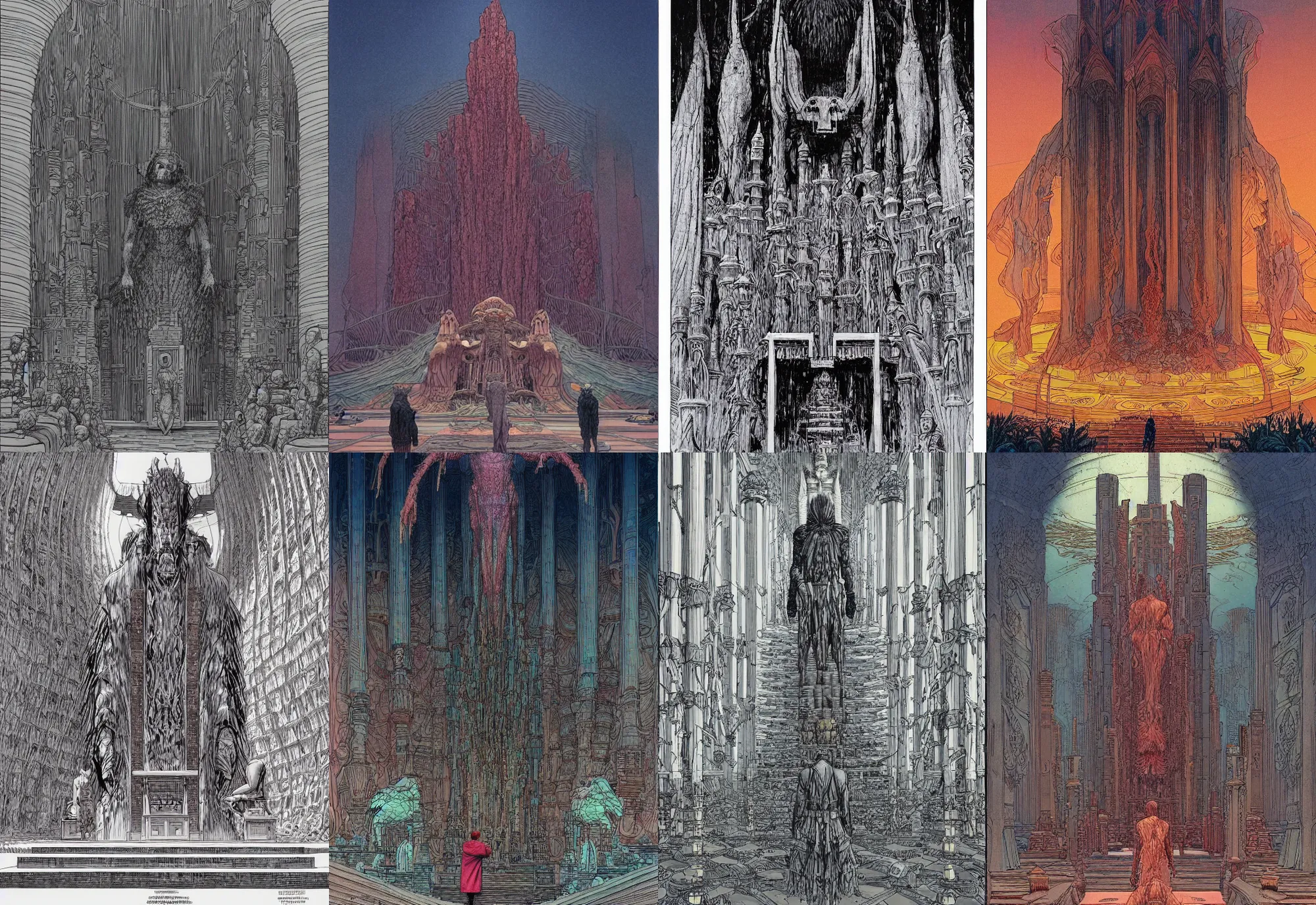 Prompt: a giant man looks at the altar of a temple, 2 meters, by james jean and wayne barlowe and moebius