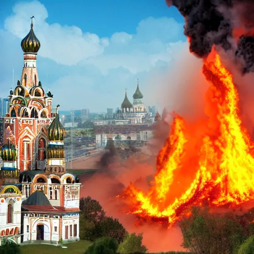 Prompt: high quality image of burning Kremlin, highly detailed