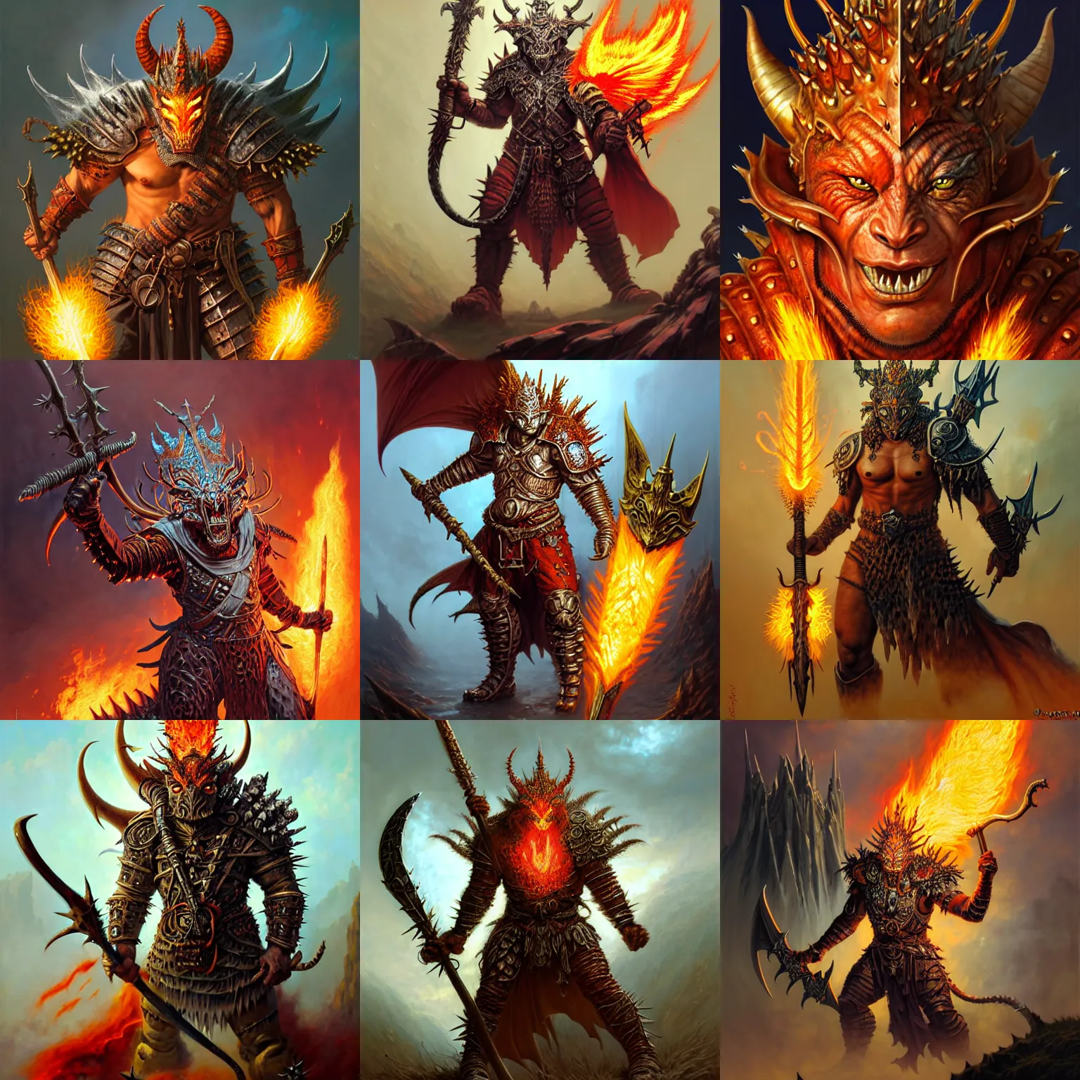 Prompt: fantasy character portrait, orc king in spiky armor with a fiery aura, wearing a dragon mask, tiger cavalry, holding an axe, ultra realistic, wide angle, intricate details, highly detailed by peter mohrbacher, hajime sorayama, wayne barlowe, boris vallejo, aaron horkey, gaston bussiere, craig mullins
