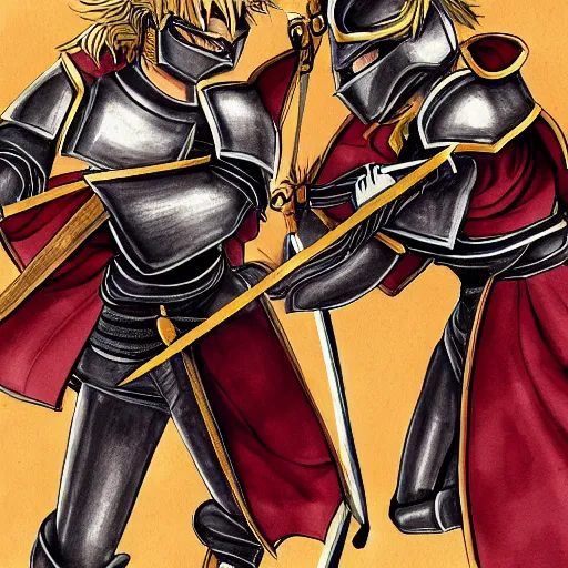 Image similar to two female knights clashing swords, detailed anime art