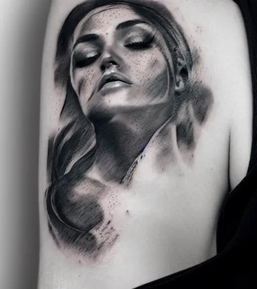 Image similar to tattoo design sketch of an extremely beautiful woman face with a faded background of beautiful mountains on her side, hyper - realistic, double exposure effect, in the style of matteo pasqualin, amazing detail, black and white, faded