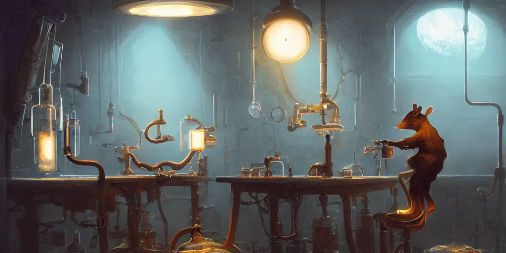Prompt: humanoid rat in a laboratory sitting at a desk with lots of flasks filled with magic liquids and poisonous fog, stephen bliss, unreal engine, fantasy art by greg rutkowski, loish, rhads, ferdinand knab, ilya kuvshinov, rossdraws, tom bagshaw, global illumination, radiant soft light, detailed and intricate environment