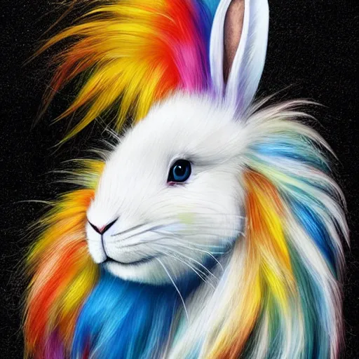 Image similar to profile view of cute fluffy white lop eared bunny rabbit with long colorful flowing lion mane blowing in the wind with mohawk top hairstyle hybrid animal detailed painting 4 k