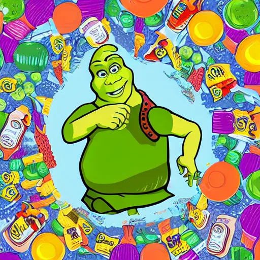 Prompt: Shrek!!!!! in a bottle, sticker, highly detailed, colorful, illustration, drama, smooth and clean vector curves, no jagged lines, vector art, smooth