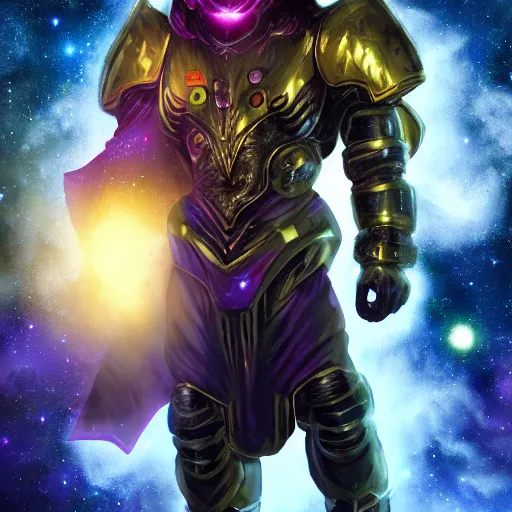 Image similar to photorealistic fantasy cosmic concept art of a cosmic god with armor made out of planets and dark matter, hovering in a unknown galaxy, fully body portrait, cinematic, dynamic lighting, ultra detailed, creative, trending on art station, stunning visuals, creative